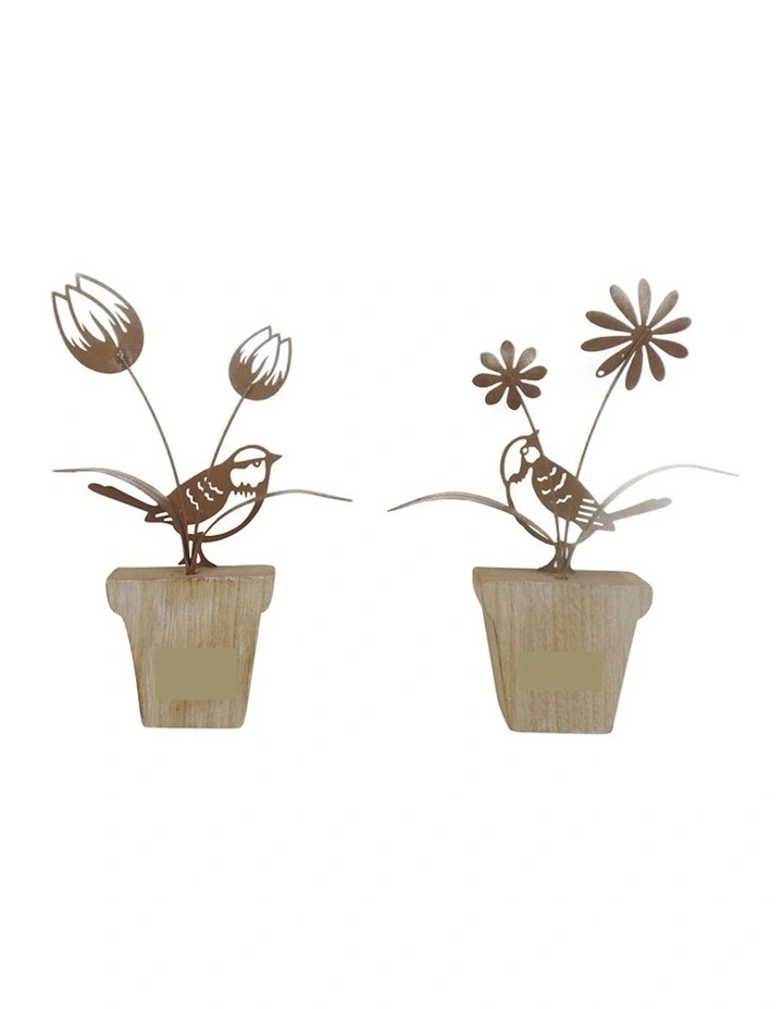 Set of 2 Bird & Flower Ornaments in Rust