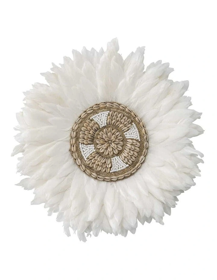 Handmade Round Feather & Shell Wall Art in Multi