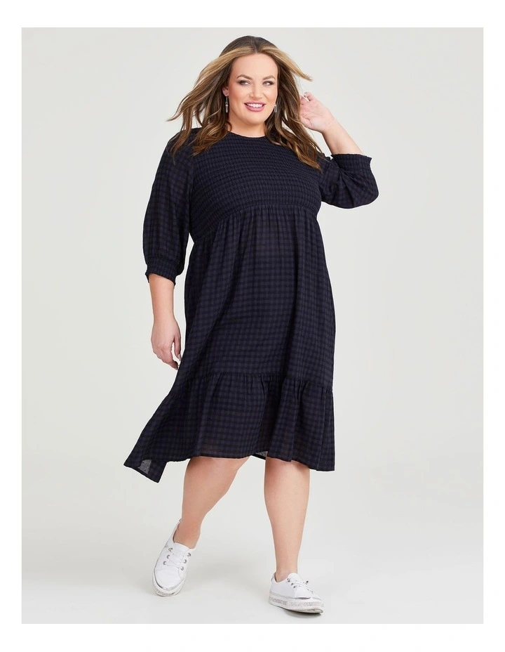 Cotton Gingham Shirred Dress in Navy