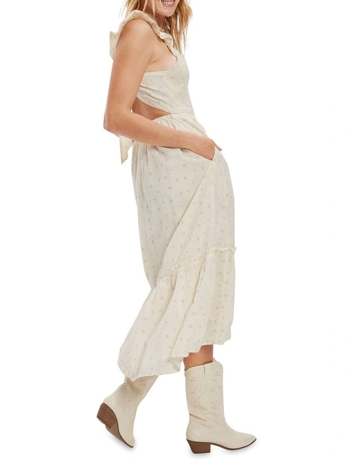 Printed Flutter Sleeve Smocked Midi Dress in Cream