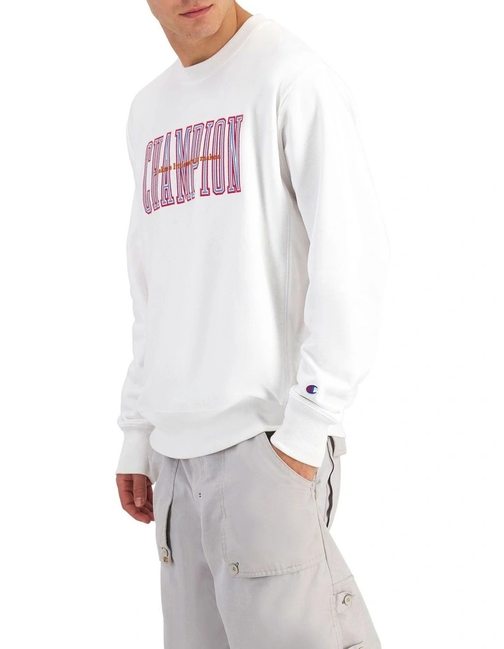 Reverse Weave Terry 90s Logo Crew Pullover in White