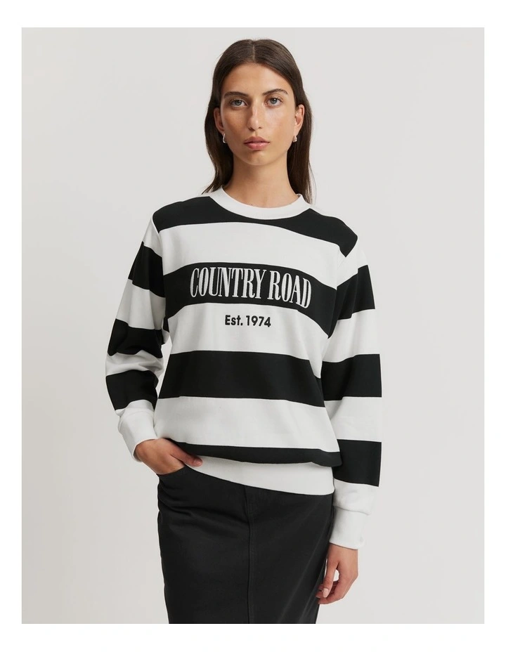Verified Australian Cotton Stripe Heritage Sweat in Black Stripe