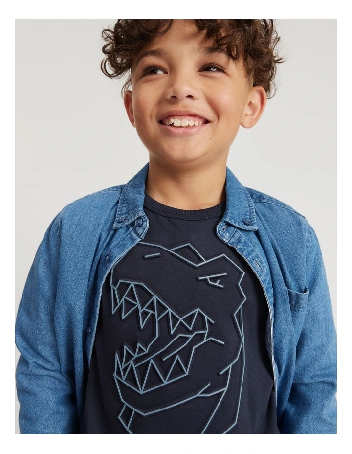 Organically Grown Cotton T-rex Embossed T-shirt in Navy