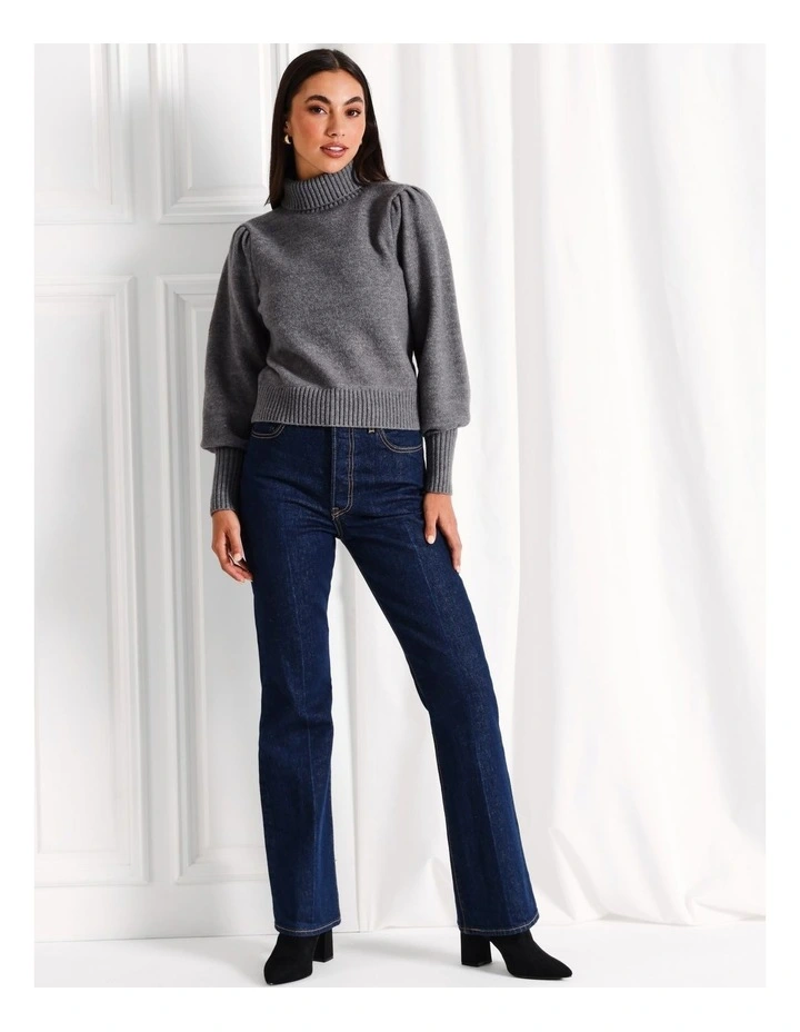 Recycled Blend Lofty Roll Neck Blouson Sleeve Jumper in Charcoal