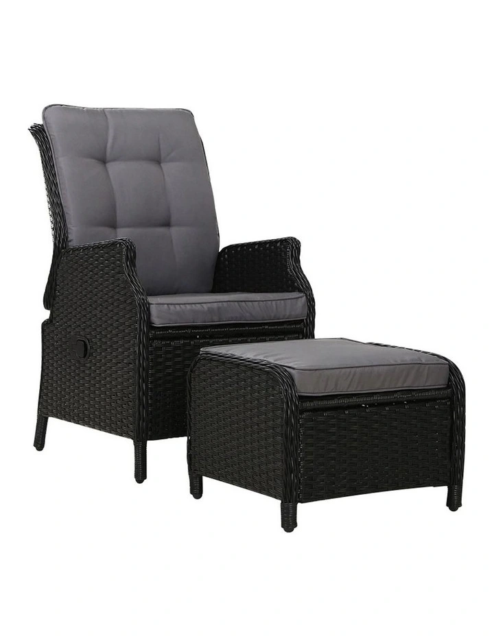 Wicker Outdoor Garden Chair Recliner Set in Black