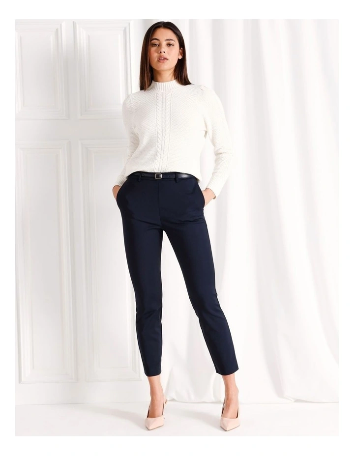 Mid Rise Organic Blend Cotton Sateen Pant With Belt in Navy