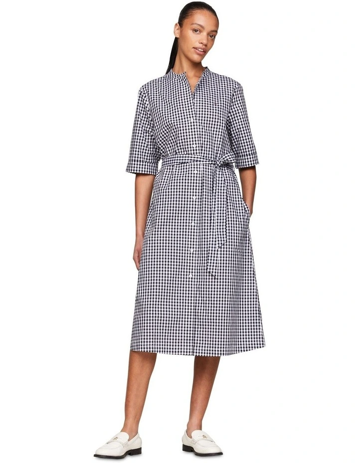 Gingham Check Midi Short Sleeve Shirt Dress in Blue