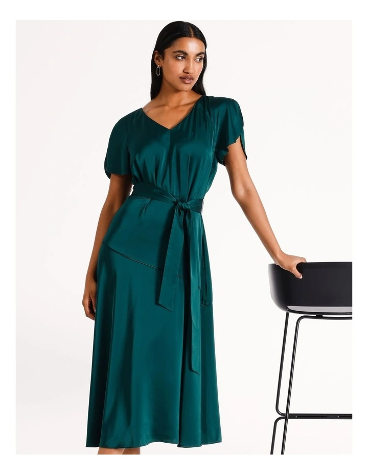 V Neck Satin Midi Dress in Dark Green