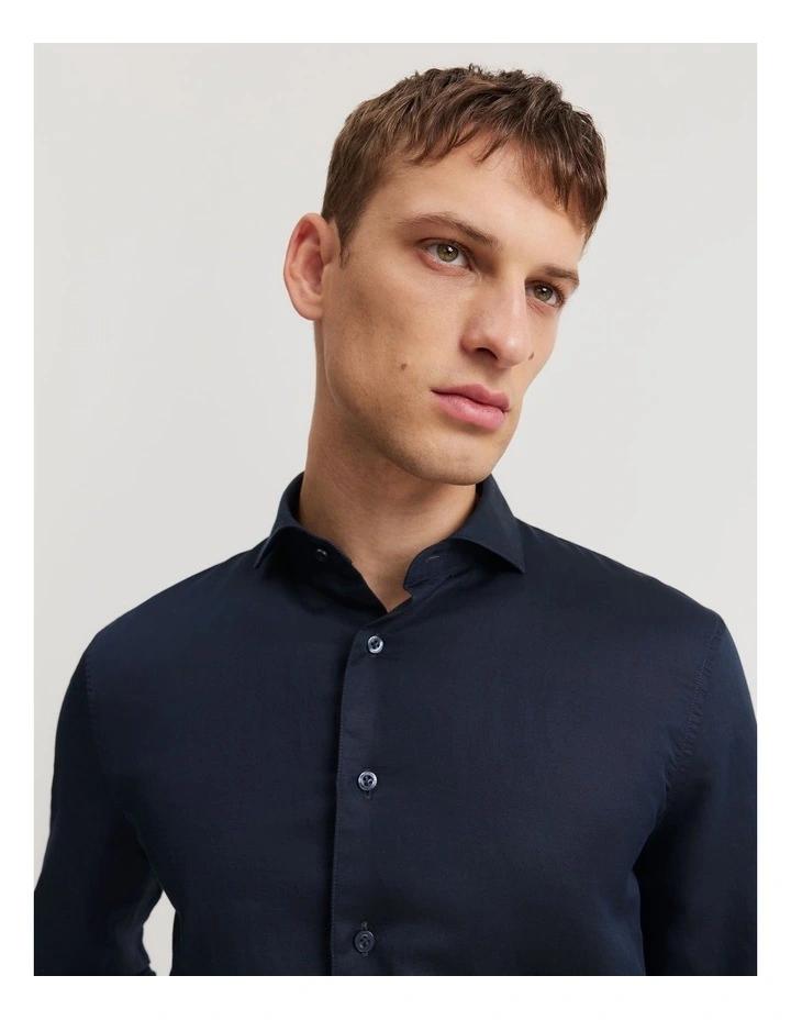 Tailored Fit Cotton Linen Shirt in Navy