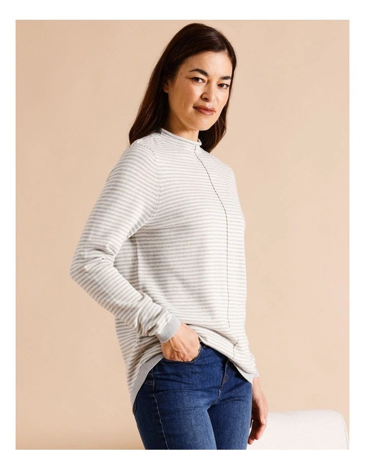 Organic Cotton Blend Funnel Neck Jumper With Seam in Greymarle/Ivory Stripe
