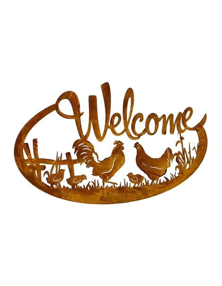 Chickens Welcome Sign Outdoor Wall Art in Rust