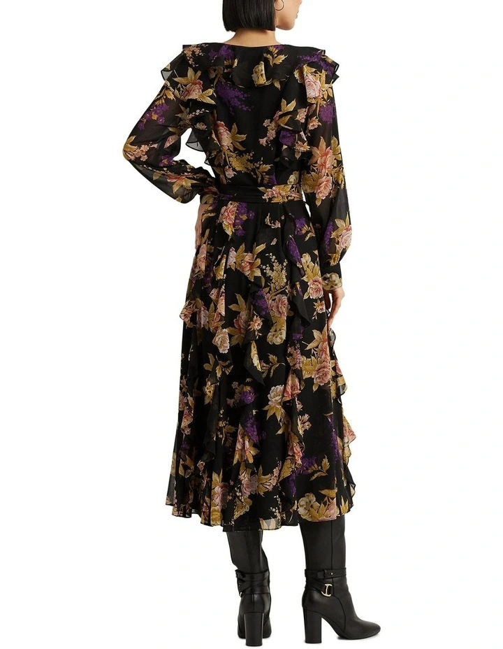 Floral Ruffle-Trim Georgette Dress in Black
