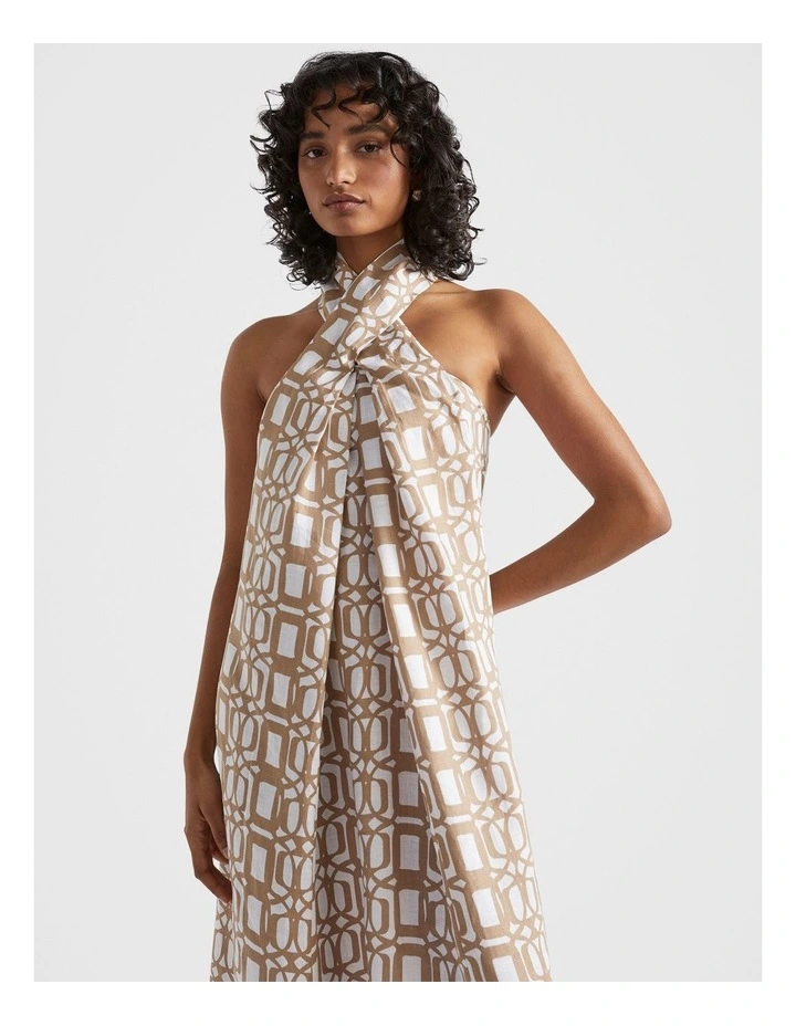 Linen Retro Maxi Dress in Beige