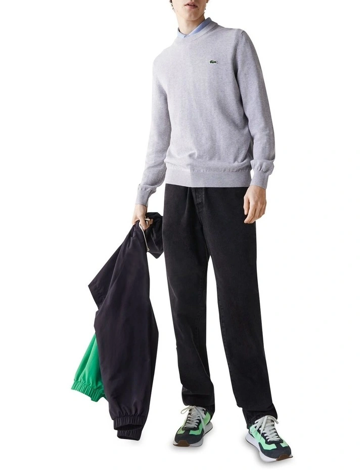 Classic Cotton Crew Neck Knit in Silver Chine