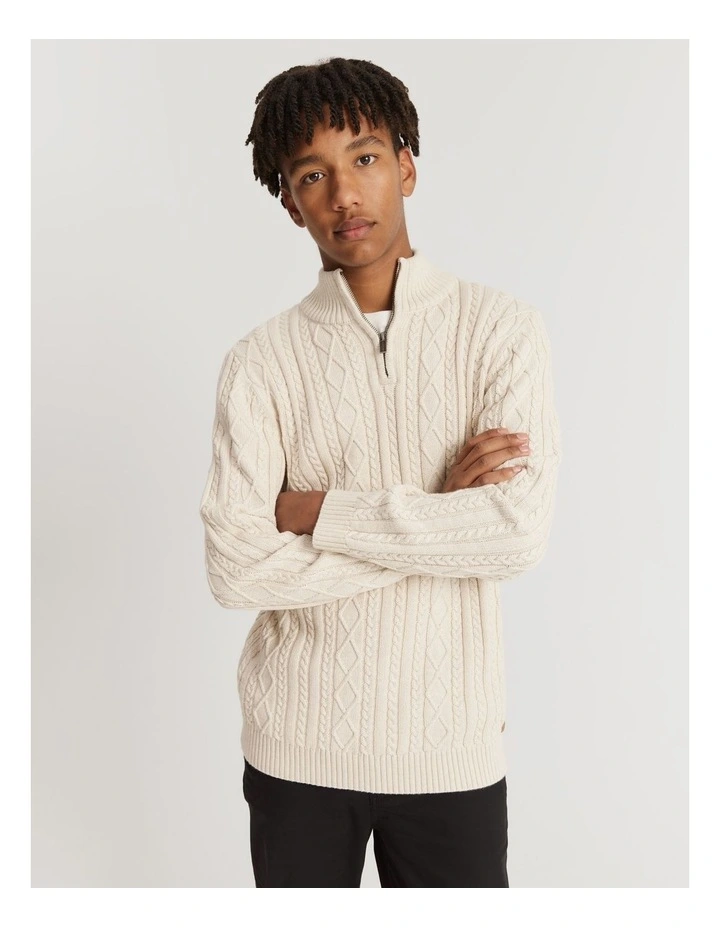 Teen Organically Grown Cotton Cable Half Zip Knit in Oatmeal Marle