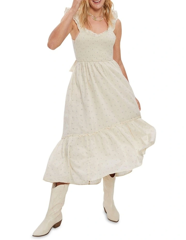 Printed Flutter Sleeve Smocked Midi Dress in Cream