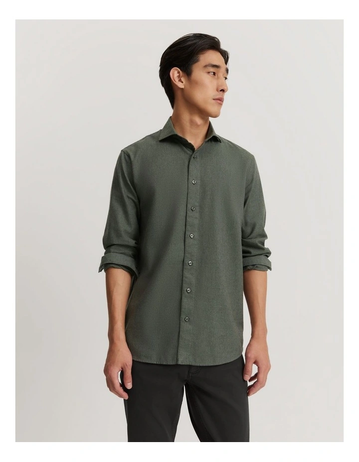 Cotton Blend Brushed Shirt in Green Melange