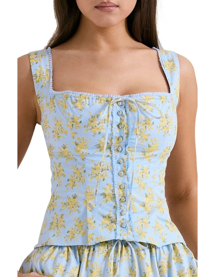 Juana Cotton Top in Soft Blue Vintage Floral Print