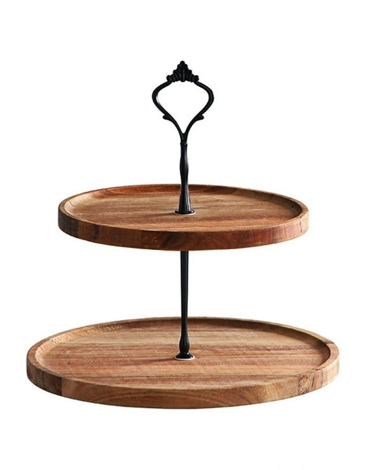 2 Tier Round Wooden Dessert Tray 20cm in Brown