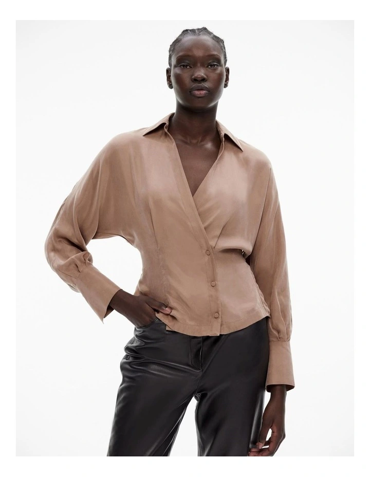 Button Detail Wrap Blouse in Cappucino