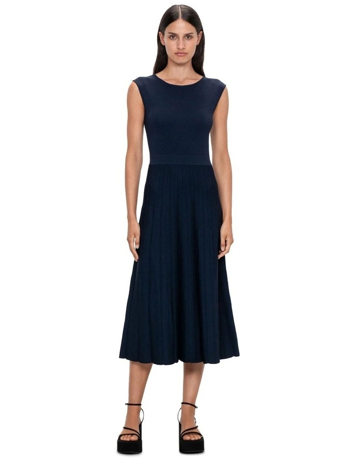 Cap Sleeve Pleated Knit Dress in Ink