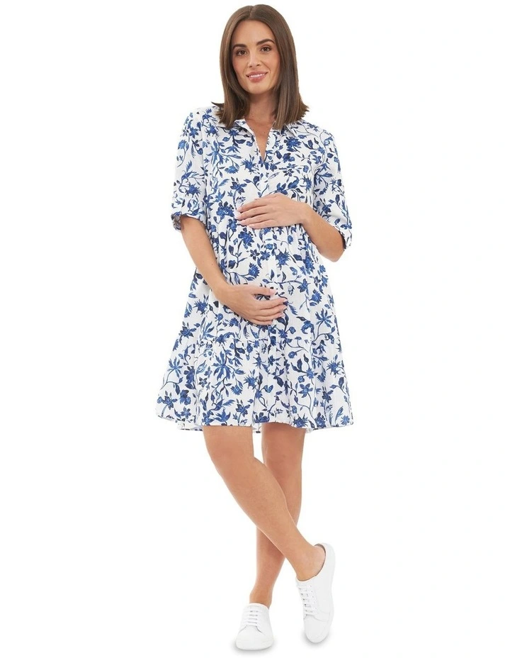 Bella Linen Dress in White/Lapis