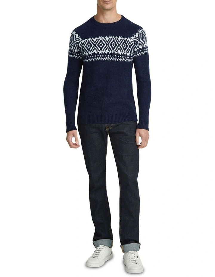 Lachie Patterned Crew Neck Knit Top in Navy