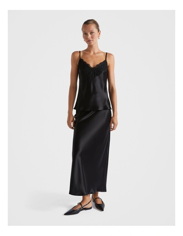 Satin Maxi Slip Skirt in Black