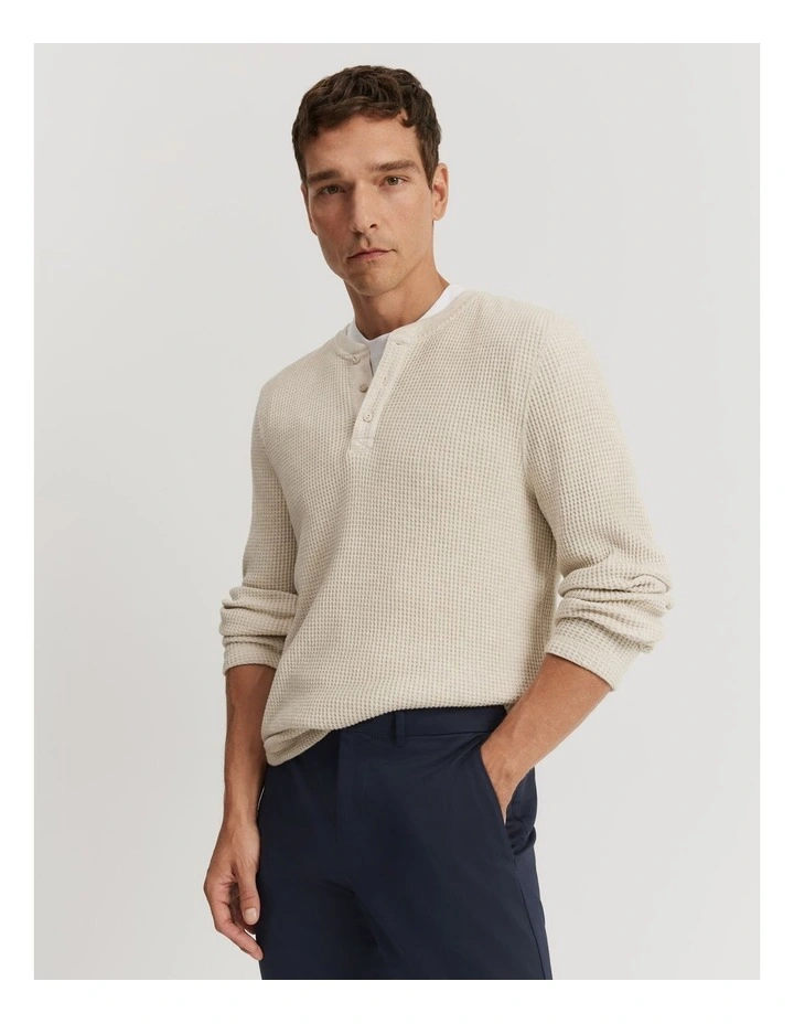 Australian Cotton Blend Waffle Henley in Oat Marle