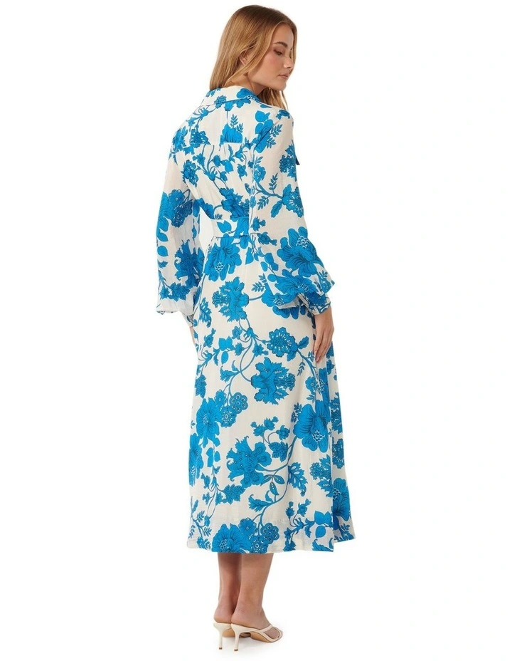 Janie Printed Shirt Midi Dress in Blue