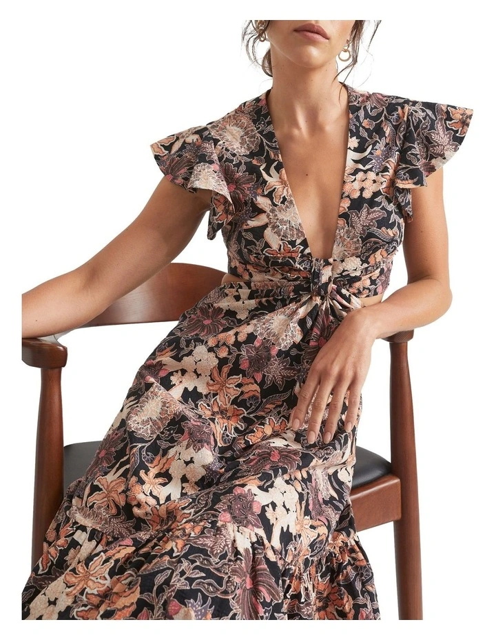 Floral Knot Front Textured Midi Dress