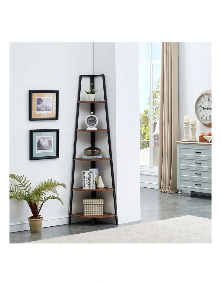 5 Tier A-Shaped Industrial Corner Shelves Bookcase Retro Brown