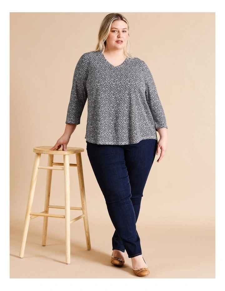 Organic Cotton Wardrobe Staple 3/4 Sleeve Tee In Black & White Grid Print