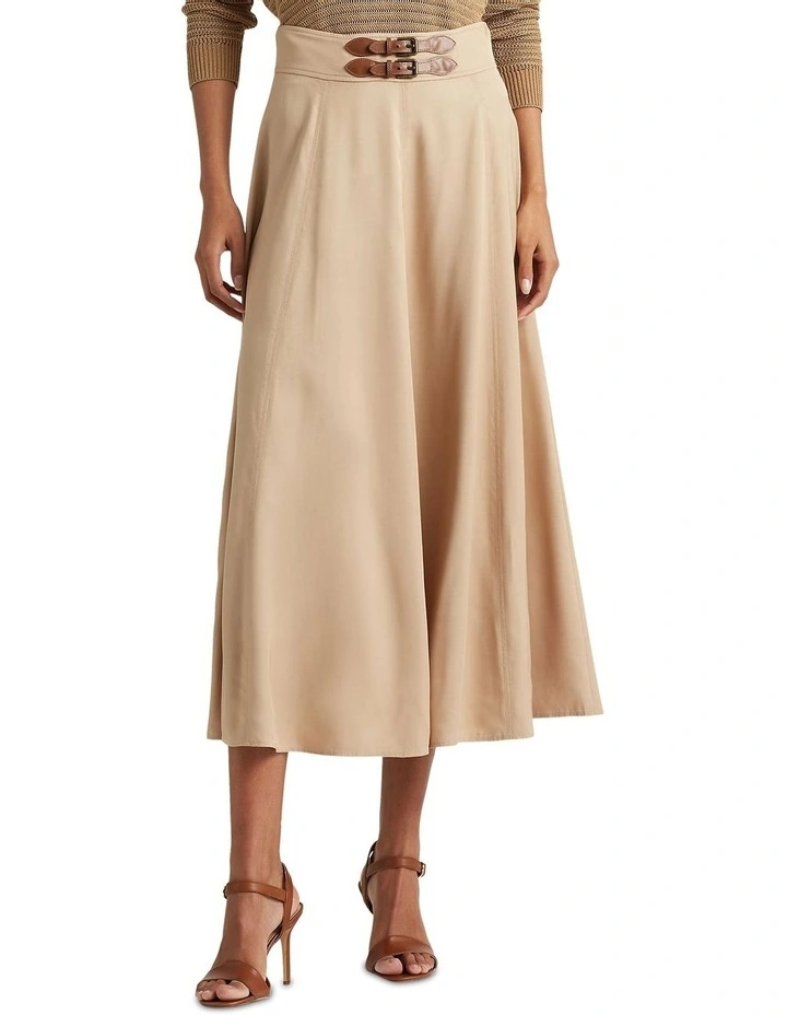 Buckle-Trim Twill A-Line Skirt in Beige