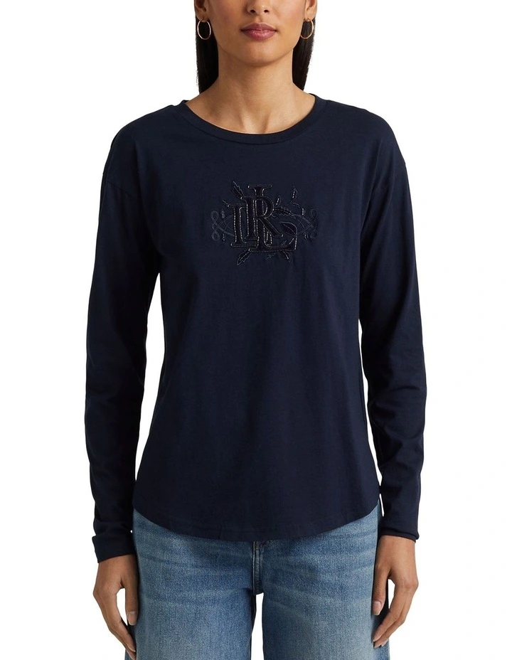 Beaded-Logo Jersey Long-Sleeve Tee in Blue