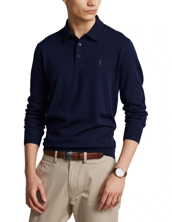Washable Wool Polo-Collar Sweater in Blue