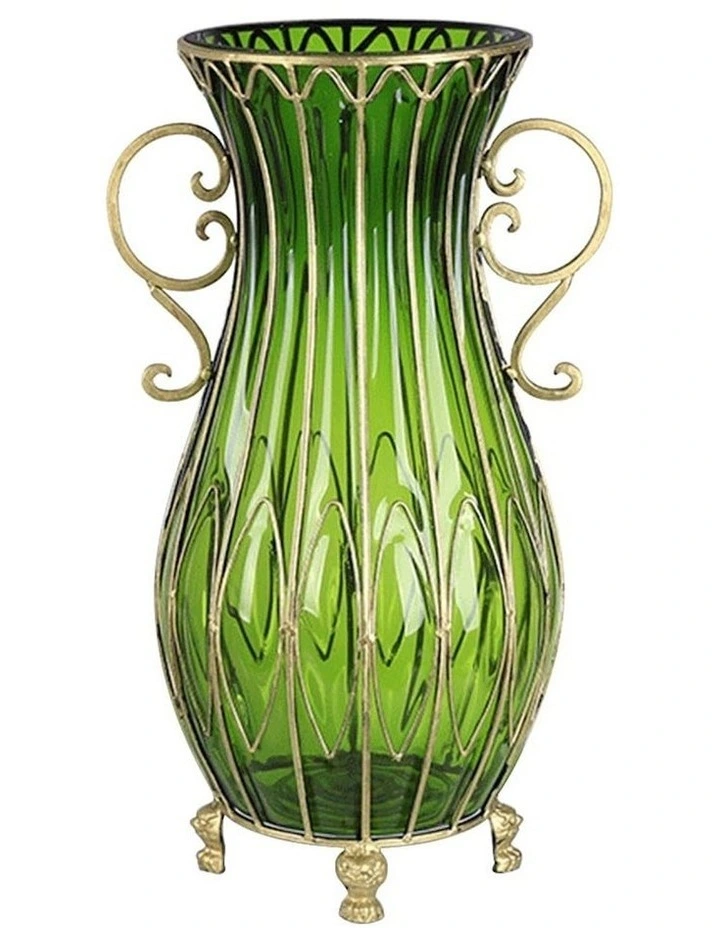 Glass Oval Floor Vase with Metal Flower Stand 51cm in Green