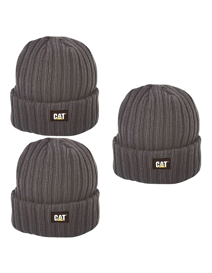 3x Caterpillar Rib Watch Beanie Hat in Graphite