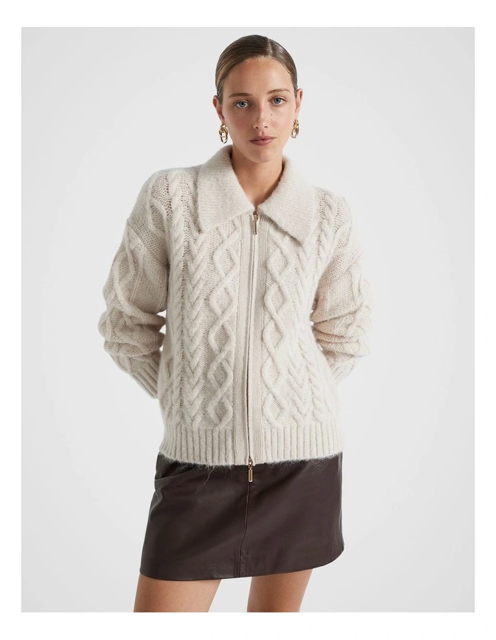 Cable Knit Zip Cardigan in Oat