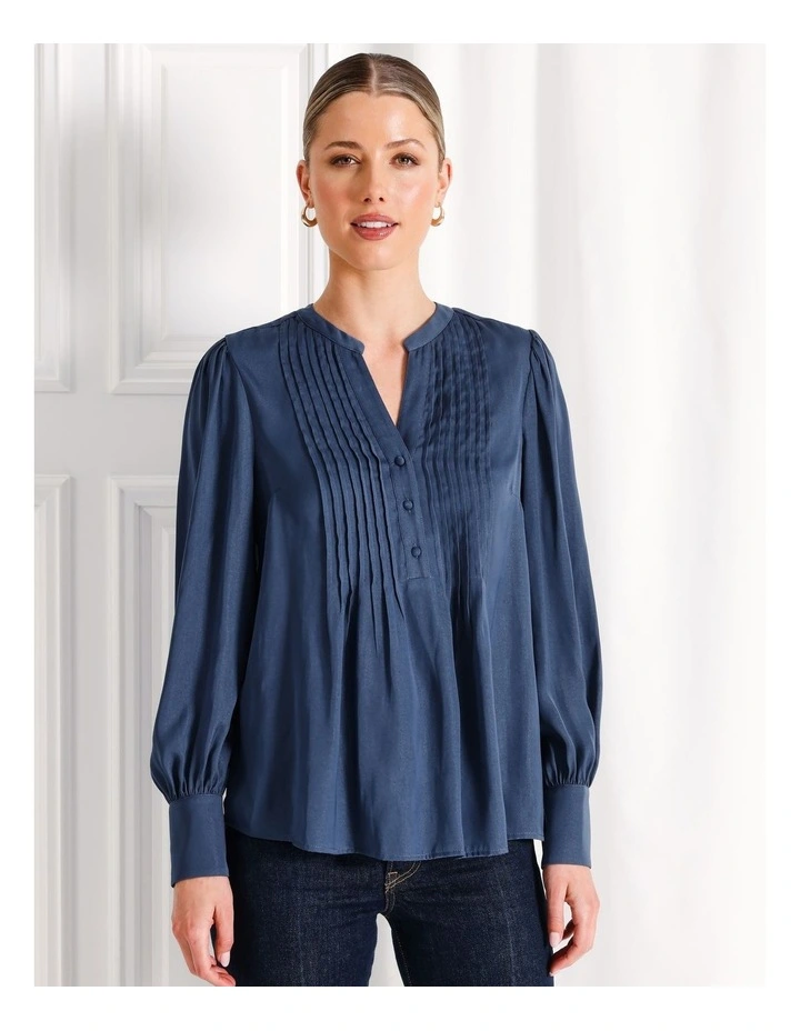 Recycled Blend Satin Pintuck Long Sleeve Blouse in Blue