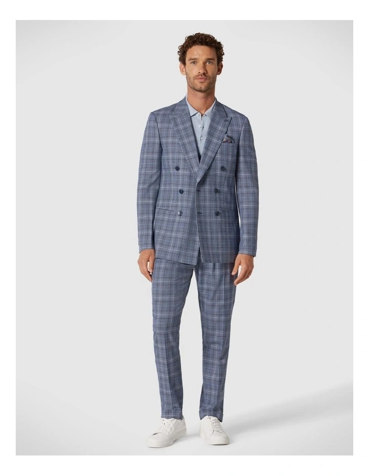 Slim Stretch Double Breasted Tailored Jacket in Blue Check