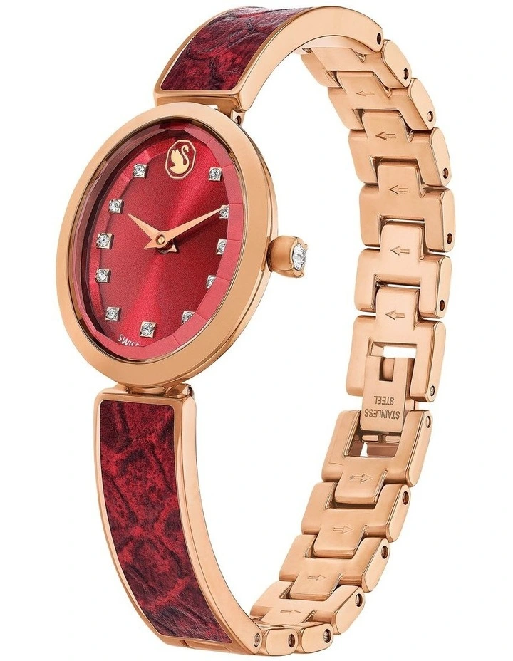 Crystal Rock Oval Swiss Made Metal Bracelet Plated Watch in Red