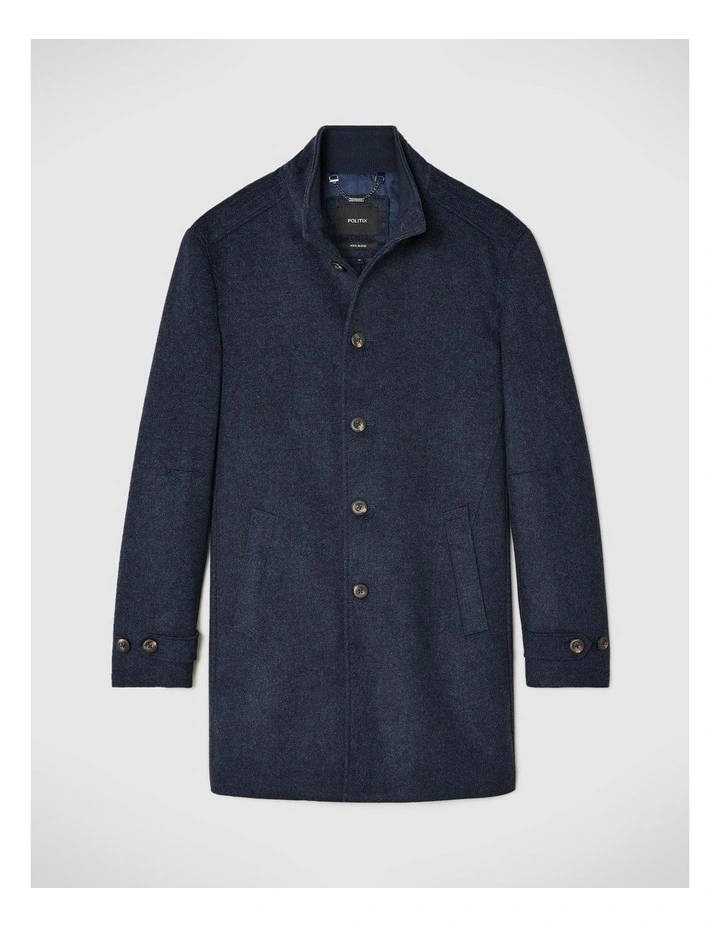 Wool Blend Funnel Neck Coat in Navy