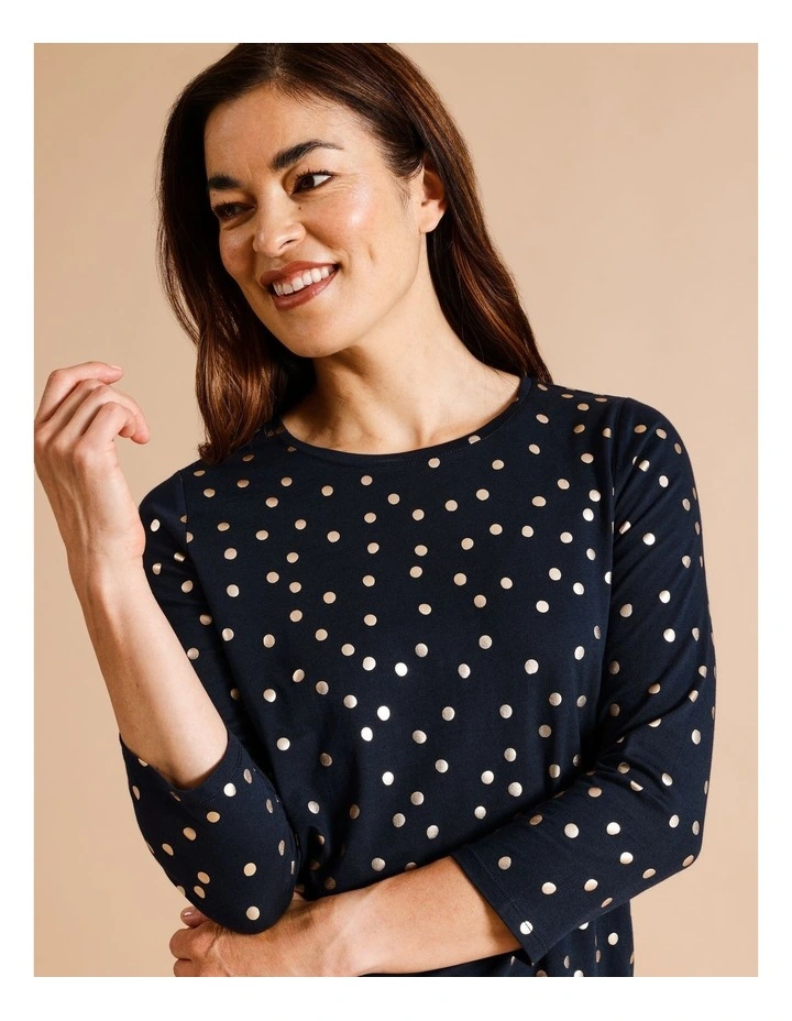 Organic Cotton Wardrobe Staple 3/4 Sleeve Tee in Navy With Gold Spot Foil