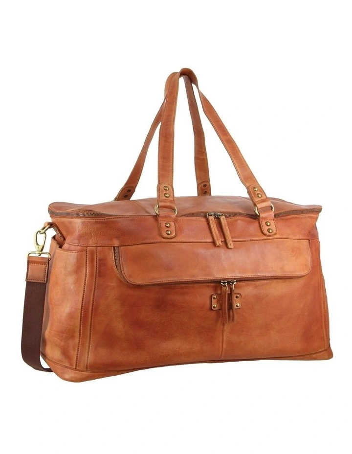 Burnished Leather Multi-Compartment Overnight Bag in Cognac