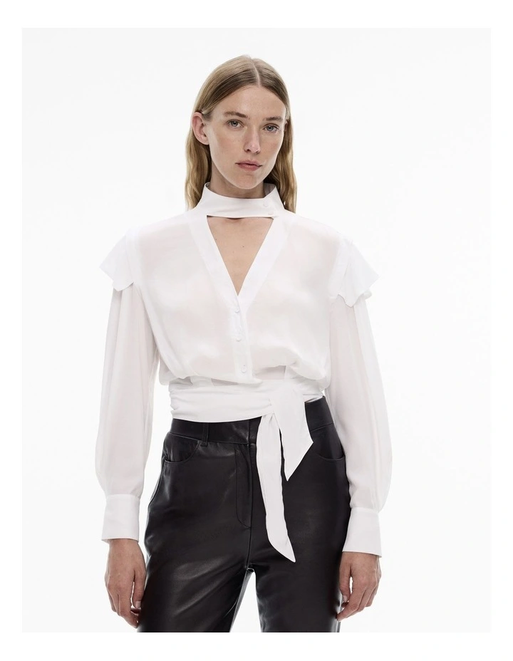 Tie V-neck Blouse in Pure White