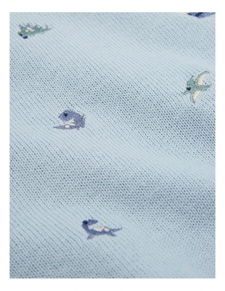 Dino Embroidered Knit Sweater in Washed Blue