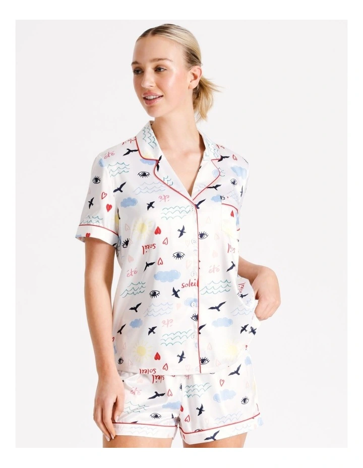 Printed Stretch Satin Short Sleeve PJ Set in Soleil Print