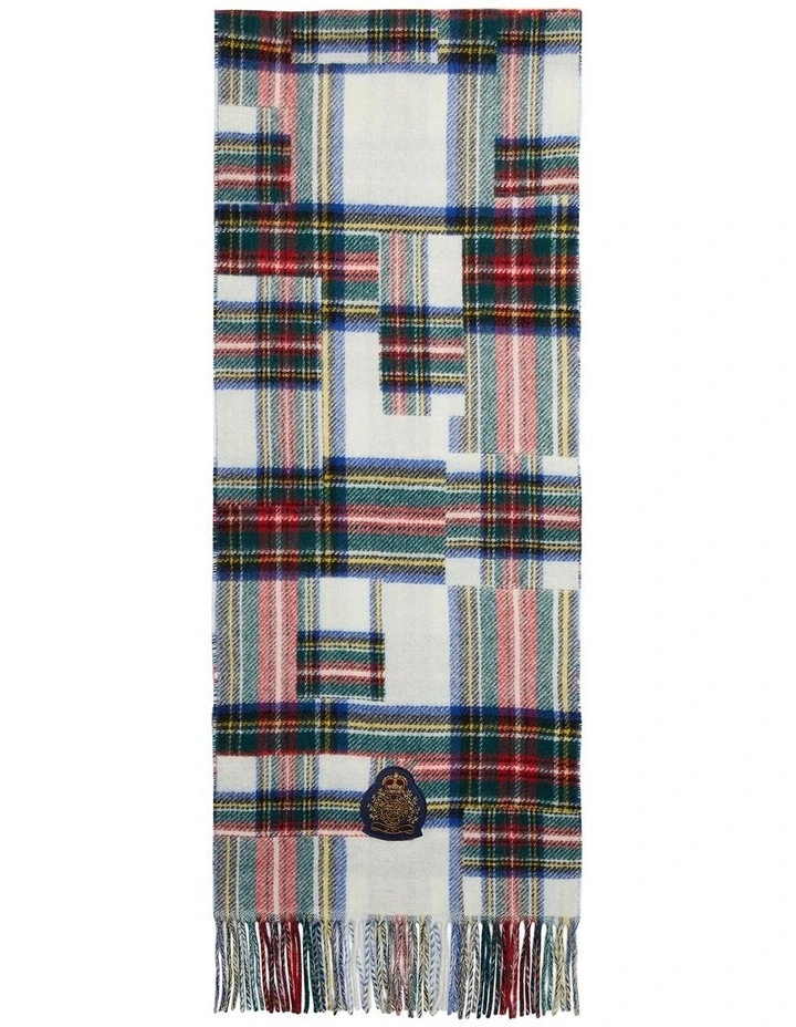 Mixed-Plaid Crest-Patch Wool-Blend Scarf in Natural