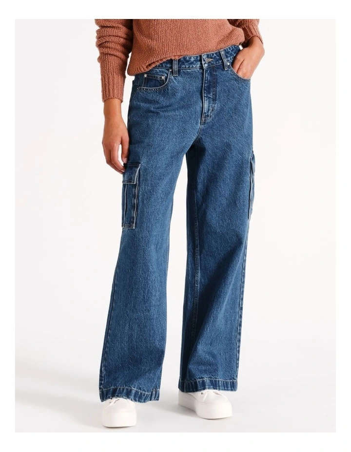Organic Blend Wide Leg Cargo Jean in Mid Blue Wash